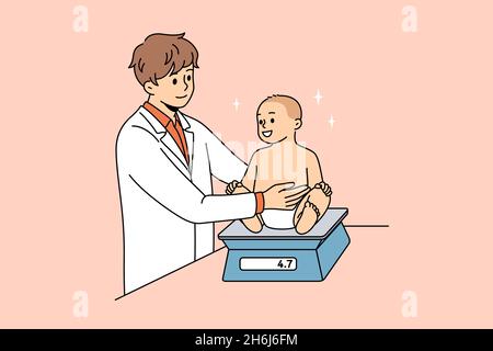 Travailler en tant que pédiatre avec le concept de bébés.Jeune homme médecin en uniforme blanc debout et mesurant le poids heureux de bébé avec balance illustration vectorielle Illustration de Vecteur