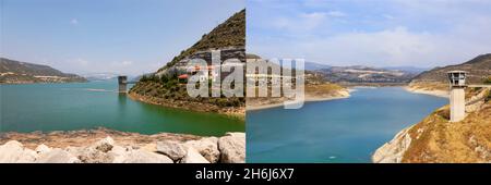 Les conditions météorologiques extrêmes, le changement climatique, le réchauffement de la planète.Niveaux d'eau élevés et faibles, barrage de Kouris, Limassol, Chypre. Banque D'Images