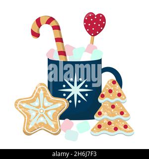 Carte confortable du nouvel an avec une tasse, des guimauves et du pain d'épice.Boisson chaude et douceur, design hivernal.Illustration vectorielle de Noël. Illustration de Vecteur