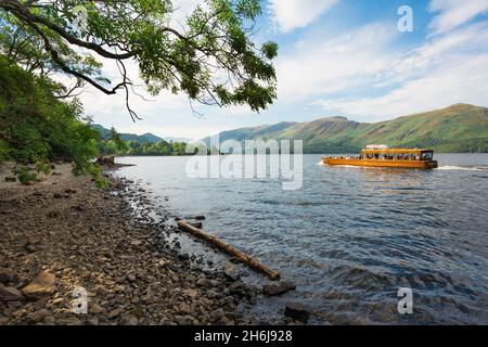 Excursion en bateau Lake District, été matin vue d'un ferry croisière Derwent Water avec une vue de la haute Derwent Fells dans la distance, Angleterre Royaume-Uni Banque D'Images