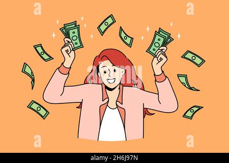 Succès financier et concept de richesse.Jeune femme souriante personnage de dessin animé debout tenant des tas d'argent vert en mains illustration vectorielle Illustration de Vecteur