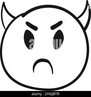 Doodle emoji avec des cornes.Affiche un pictogramme d'image, une illustration vectorielle isolée sur fond blanc Illustration de Vecteur