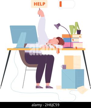 Employé épuisé.Dérangement de l'ordinateur de bureau, batterie faible pour les employés, illustration vectorielle isolée sur fond blanc Illustration de Vecteur