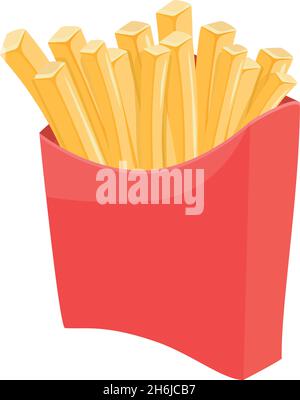 Frites dans une boîte rouge.Emballage carton pommes de terre salées frites, carton de pommes de terre américaines croustillantes emballage de papier fast food, illustration vectorielle de dessin animé isolée sur fond blanc Illustration de Vecteur