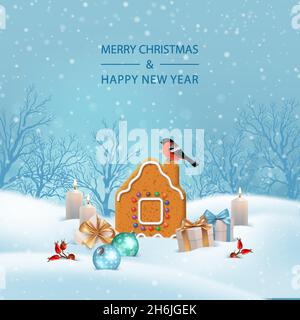 Bannière Joyeux Noël et bonne année.Paysage hivernal enneigé avec un oiseau, cadeaux de Noël et bougies et maison de pain d'épice Illustration de Vecteur