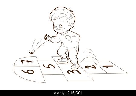 Le garçon jouant Hopskotch, saute sur une jambe tandis que .Livre de coloriage.Illustration vectorielle , style de dessin animé, dessin au trait noir et blanc Illustration de Vecteur