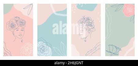 Les femmes font la queue avec des roses.Modèles de couverture des médias sociaux pour les publications, les articles ou les bannières.Portraits linéartes continus avec fleurs.Biologique moderne Illustration de Vecteur