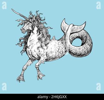 licorne mystique d'hippocampe.Créature sous-marine.Dessin fantaisie. Banque D'Images