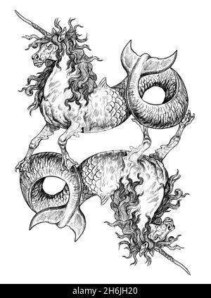 licorne mystique d'hippocampe.Créature sous-marine.Dessin fantaisie. Banque D'Images