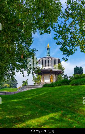 Vue sur la Pagode de la paix de Londres, Battersea Park, Nine Elms Lane, Londres, Angleterre,Royaume-Uni, Europe Banque D'Images