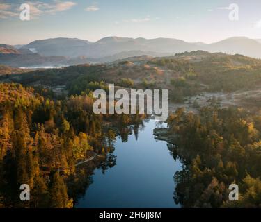 Vue aérienne sur le Tarn Hiws à l'aube, parc national du Lake District, site classé au patrimoine mondial de l'UNESCO, Cumbria, Angleterre, Royaume-Uni, Europe Banque D'Images