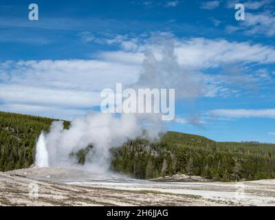 Le geyser de cône appelé Old Faithful Erupting, Parc national de Yellowstone, site du patrimoine mondial de l'UNESCO, Wyoming, Etats-Unis d'Amérique, Amérique du Nord Banque D'Images