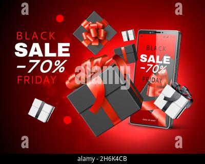 Affiche de vente réaliste avec cadeaux.Bannière promotionnelle avec boîtes cadeaux 3d sortant du téléphone portable, vente en ligne, concept vectoriel d'application d'achat Illustration de Vecteur