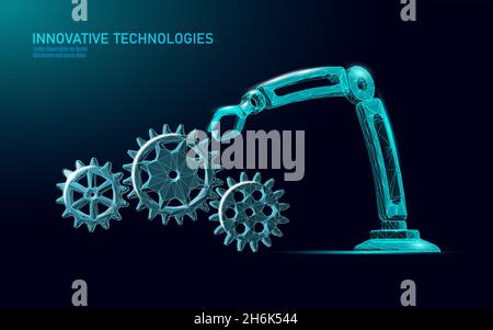 Manipulateur poly bas du bras du robot.Forme triangulaire d'assemblage de construction de pièce.Les points connectés polygonaux 3D rendent l'innovation robotique artificielle de machines Illustration de Vecteur