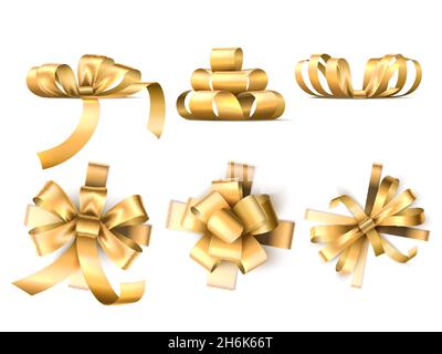 Boucles cadeau rubans.Rubans décoratifs dorés satinés réalistes, différentes bandes d'emballage en soie, vue de dessus et de côté, éléments festifs.Ensemble de vecteurs Illustration de Vecteur
