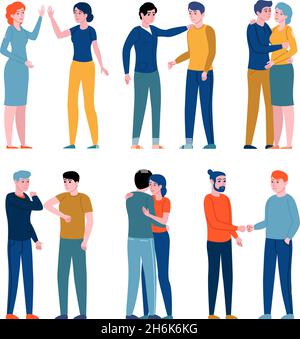 Saluez les gens.Les femmes et les hommes saluent les uns les autres de différentes manières, les personnes se embrassant, serrer les mains, donner cinq, les coudes de choc.Ensemble de vecteurs Illustration de Vecteur