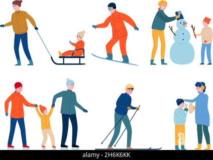 Jeux en plein air en hiver.Activités pour les personnes, parents avec enfants faisant du bonhomme de neige, ski et luge, boire du thé chaud, famille heureuse.Ensemble de vecteurs Illustration de Vecteur