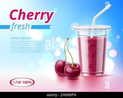 Affiche sur les boissons froides.Boisson à la cerise réaliste, bannière publicitaire avec gobelet et tube à emporter en plastique, smoothie aux baies sains.Concept vectoriel Illustration de Vecteur