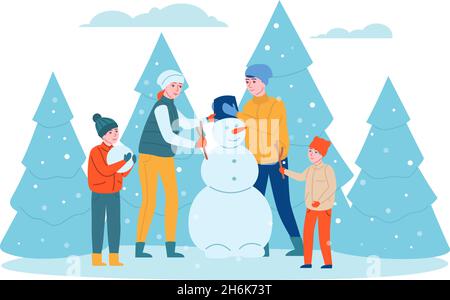 Activités d'hiver en famille.Les enfants et les parents heureux font bonhomme de neige dans le parc, mari, femme et enfants s'amuser ensemble en plein air.Concept vectoriel Illustration de Vecteur