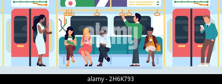 Personnes en métro.Hommes et femmes personnages assis dans la ligne, utiliser des téléphones mobiles, le transport souterrain de grandes villes, les personnes voyageant, vecteur concept Illustration de Vecteur