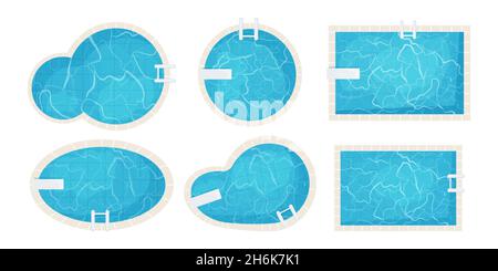 Ensemble piscines de formes différentes vue de dessus en style de dessin animé isolé sur fond blanc.Texture de l'eau, vacances .Illustration vectorielle Illustration de Vecteur