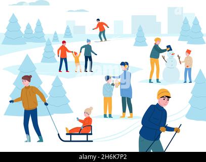 En hiver, activités de plein air.Les parents heureux avec les enfants marchent, s'amusent dans le parc de la ville de neige, les gens font du ski, font du bonhomme de neige.Arrière-plan vectoriel Illustration de Vecteur