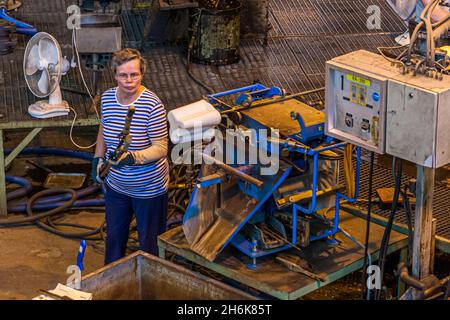 À l'Iittala Glass Factory, vous pouvez suivre la production de toutes sortes d'objets en verre, tandis que de talentueux souffleurs de verre créent des vases Aalto ainsi que des oiseaux Oiva Toikka à partir de verre fondu.L'usine fait aujourd'hui partie de Fiskars Corporation à Hämeenlinna, en Finlande Banque D'Images