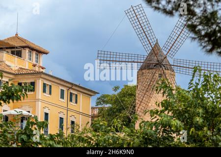 Maison de ville et moulin à vent historique d'es Jonquet dans la vieille ville de Palma de Majorque, Majorque, Iles Baléares, Espagne Banque D'Images