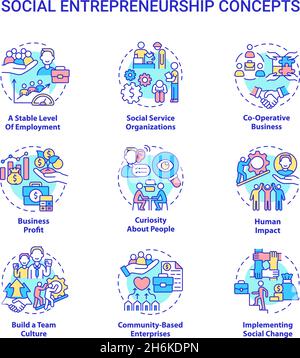 Ensemble d'icônes de concept d'entrepreneuriat social Illustration de Vecteur