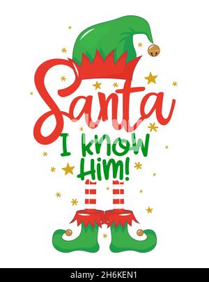 Père Noël !Je le connais !- drôle de phrase pour Noël.Lettrage dessiné à la main pour les cartes de vœux de Noël, les invitations.Idéal pour les t-shirts, les tasses, les cadeaux et les pres d'impression Illustration de Vecteur
