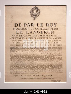 Musée d'Histoire de Marseille : exposition Grande peste 1720 : ordonnance publiée par Chevalier de LANGERON Chef d'escadron de galley Banque D'Images