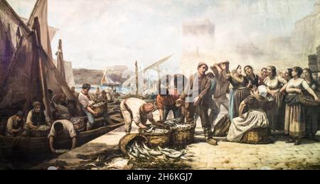 Musée d'Histoire de Marseille : l'Arrivée des pêcheurs au quai Saint-Jean (1884) par Marius GUINDON (1831-1918) élève d'Emile LOUBON Banque D'Images