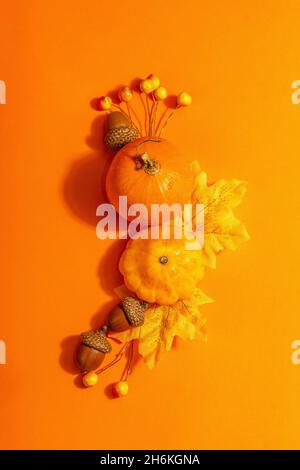 Composition du cadre d'automne, isolée sur fond orange.Une couronne de citrouilles décoratives mûres, de feuilles d'automne, de baies et d'acornes Banque D'Images