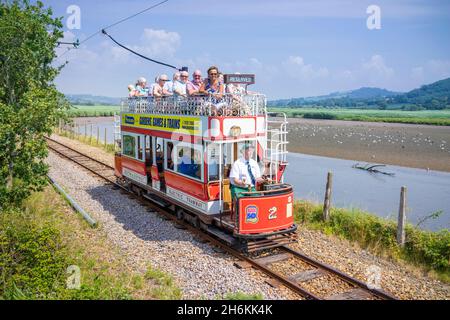 Tramway historique sur la piste à côté des zones humides de Seaton sur le tramway historique de Seaton Devon Angleterre GB Europe Banque D'Images