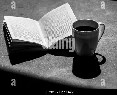 Gros plan en niveaux de gris photo d'un livre ouvert et d'une tasse de café vivivivivitreux Banque D'Images