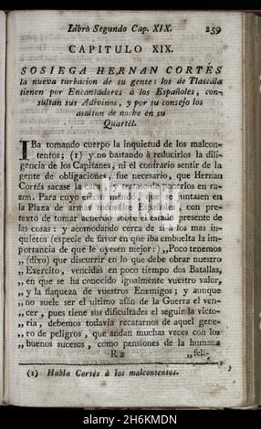 Conquête de la Nouvelle-Espagne."Hernán Cortés plaça la nouvelle agitation de son peuple; les gens de Tlaxcala considèrent les Espagnols comme des Enchanteurs, ils consultent leurs divineurs, et par leurs conseils ils les assaillissent la nuit dans leurs casernes..."Cortés parle à des gens mécontents.'Historia de la Conquista de México, población, y progresos de la América septentrional, conocida por el nombre de Nueva España' (Histoire de la conquête du Mexique, population, et progrès de l'Amérique du Nord, connu sous le nom de Nouvelle Espagne).Ecrit par Antonio de Solís y Rivadeneryra (1610-1686), chroniqueur de l'Inde Banque D'Images