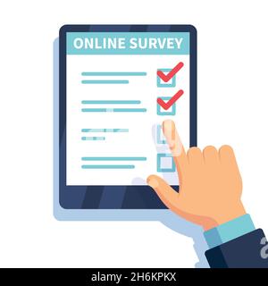 Enquête en ligne.Internet Surveying, les mains tenant une tablette avec formulaire de test.Questionnaire mobile, vecteur de vote des clients Illustration de Vecteur