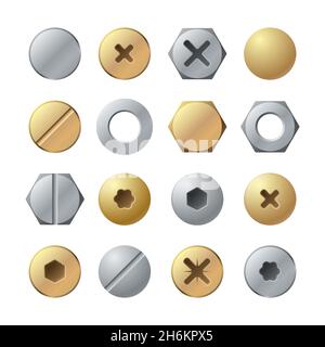 Têtes de vis.Rivet à clou à tête en métal, vis en laiton.Fixations industrielles en acier pour vue de dessus, jeu de vis de réparation isolées Illustration de Vecteur