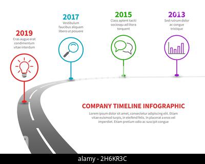 Infographie sur la chronologie.Feuille de route du processus stratégique vers la réussite avec jalons historiques.Modèle de planification des activités Illustration de Vecteur