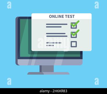 Test en ligne.Formulaire de questionnaire sur l'écran du pc.Liste d'examens, tests informatiques et concept vectoriel de quiz en ligne Illustration de Vecteur