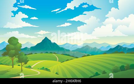 Prairies avec montagnes.Paysage colline terrain montagne ciel nature sauvage herbe forêt campagne arbre.Terrain d'été Illustration de Vecteur