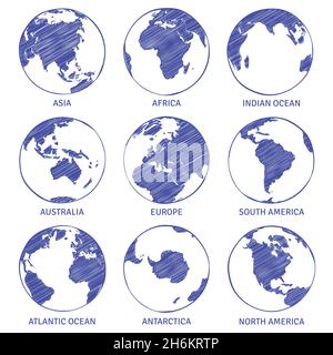 Esquisse de globe.Carte World Hand tracées globe, Earth circle concept continents contour planète océans Land sketches Illustration de Vecteur
