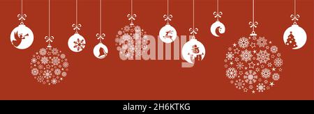 boules suspendues de couleur blanche avec différentes icônes abstraites pour les concepts de noël et d'hiver, boules de neige et de voeux pour noël an Illustration de Vecteur