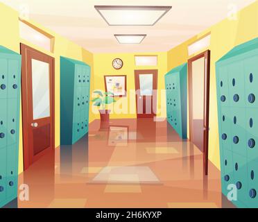 École, couloir d'université avec portes ouvertes et fermées, casiers de rangement, tableau d'affichage.Illustration pour jeux pour enfants ou Web. Illustration de Vecteur