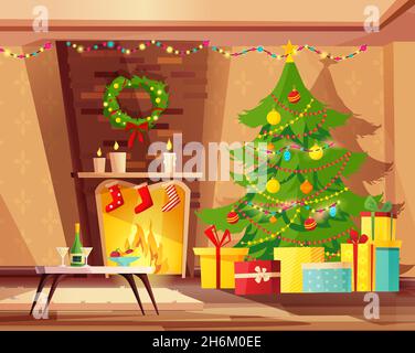 Intérieur de salon confortable décoré pour les vacances de Noël.Illustration avec arbre de Noël, cheminée et cadeaux. Illustration de Vecteur