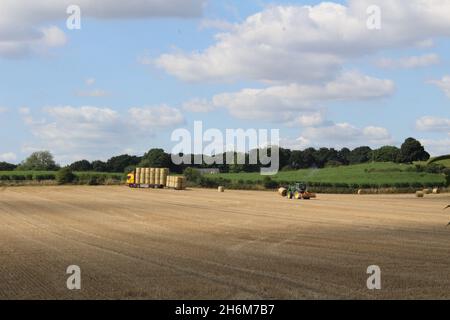 Des balles de foin rondes sont empilées sur un camion par un tracteur pour le transport hors du champ, le jour d'été près de Wakefield West Yorkshire, au Royaume-Uni Banque D'Images