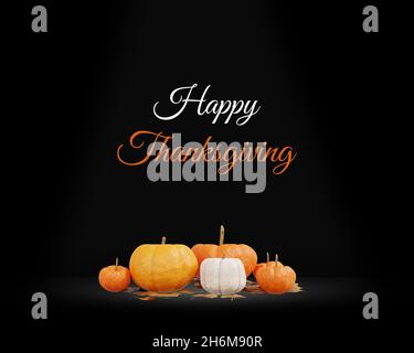 Happy Thanksgiving Banner toile de fond sur Dark Color avec des citrouilles et des projecteurs en 3D Banque D'Images