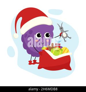 Le caractère des raisins dans le rôle du Père Noël donne des cadeaux.Mascotte d'hiver amusante.Un joli fruit kawaii ou une baie.Une clipart lumineuse pour Noël et le nouvel an Illustration de Vecteur