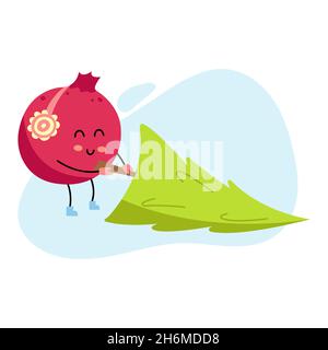 Le personnage de grenade dans un casque tricoté tire un sapin de Noël.Mascotte d'hiver amusante.Un joli fruit sain.Carte de vœux Kawaii Element pour le nouvel an Illustration de Vecteur