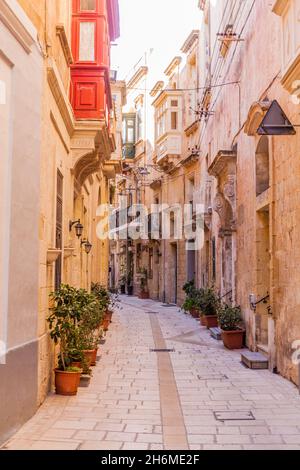 Rue étroite typique de la ville de Birgu, Malte Banque D'Images